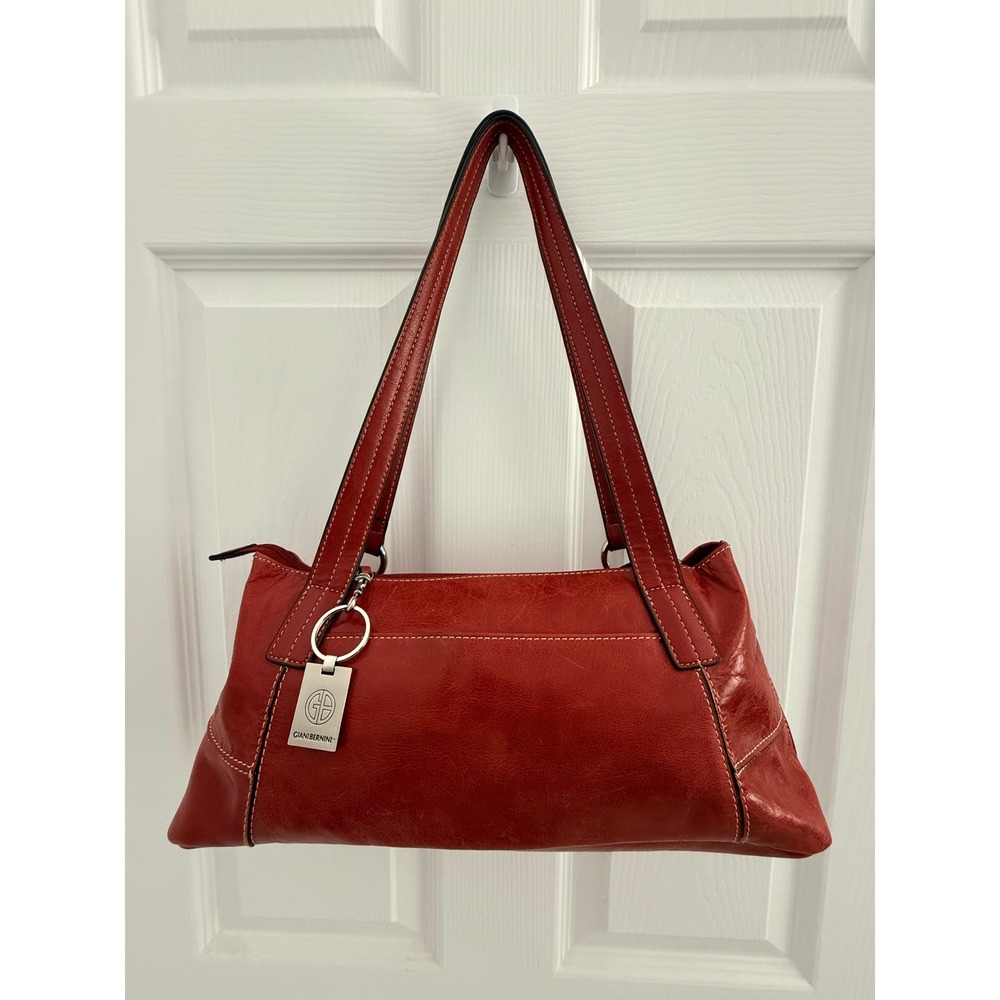 Giani Bernini Red Leather Shoulder Bag Satchel Contrast Stitch Silver Hardware